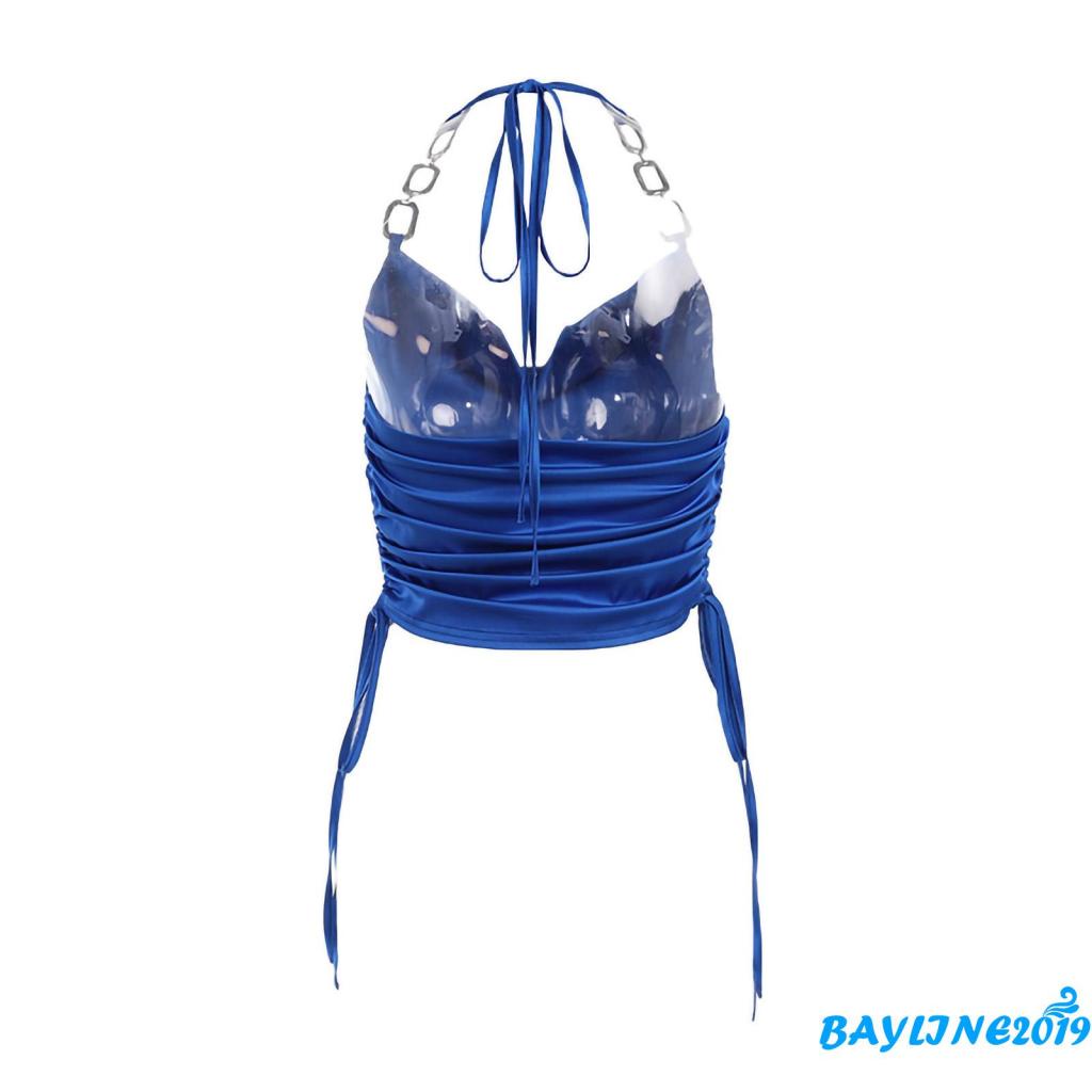 Áo Crop Top Cổ Yếm Không Tay Hở Lưng Màu Trơn Phối Dây Xích Kim Loại Thời Trang Mùa Hè Dành Cho Bạn Nữ