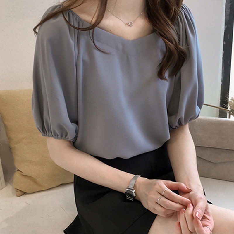 FREESHIP ĐƠN 99K_ Women's Solid V-Neck Short Sleeve Simple Chiffon Blouse