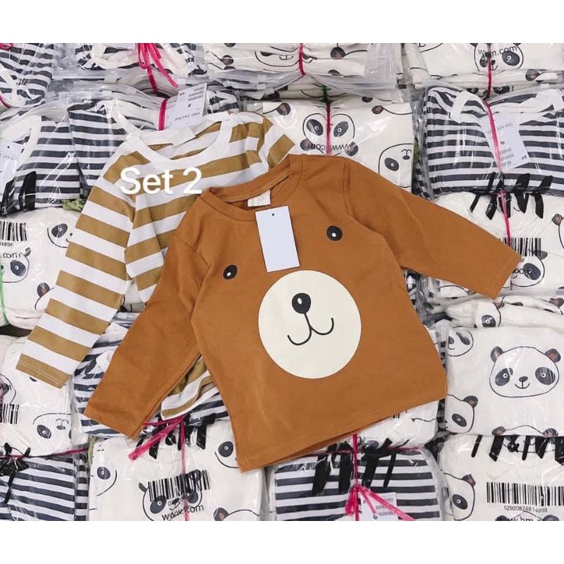 Áo thun bé unisex H&M KIDS xuất xịn thun cotton cổ tròn tay dài in hình gấu, sọc ngang