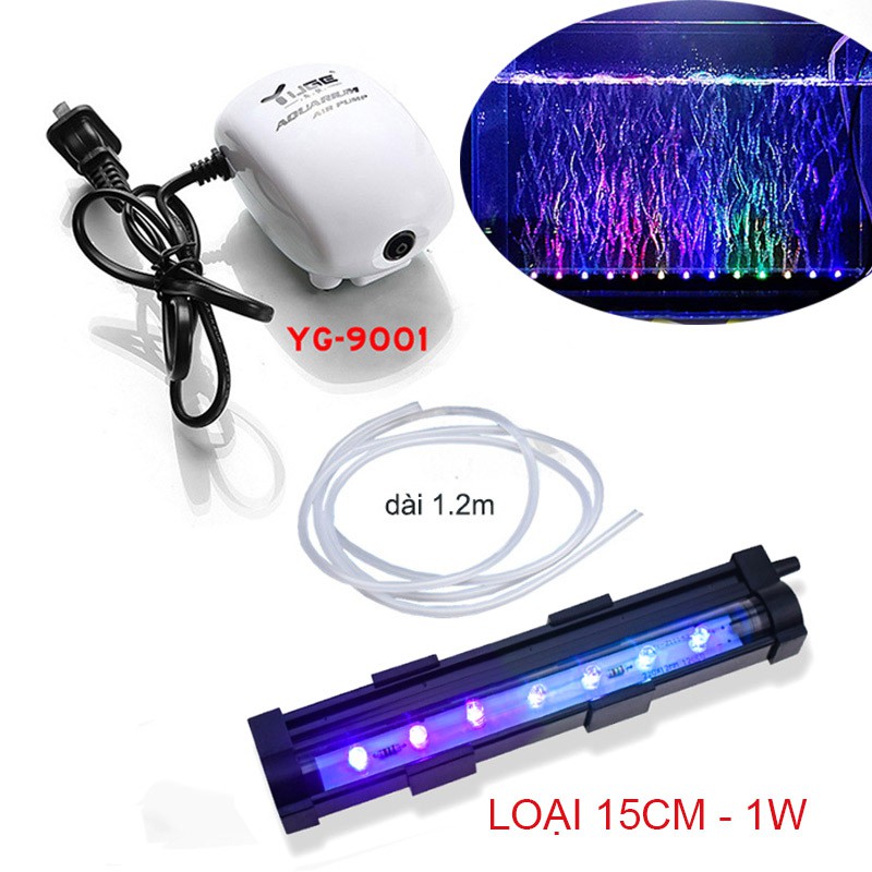 Bộ đèn LED đổi màu bể cá 15cm-25cm-35cm-45cm tùy chọn có đầu sủi bọt khí kèm máy tạo khí oxy cho bể cá