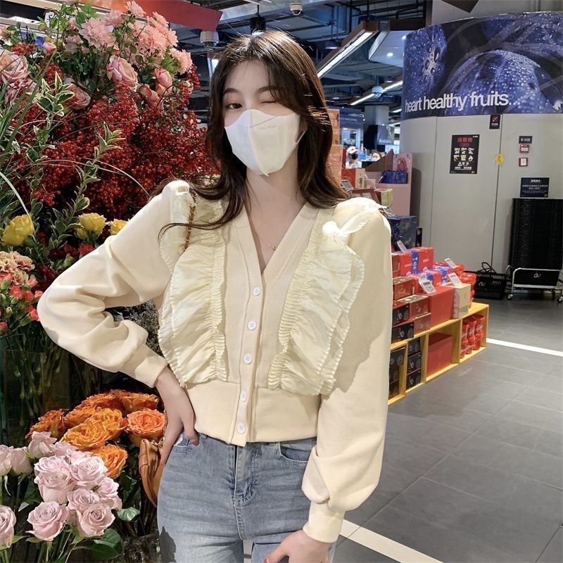 Áo Sơ Mi Tay Dài Cổ Chữ V Dáng Rộng Thiết Kế Nhún Bèo Phong Cách Mùa Đông Mới Cho Nữ