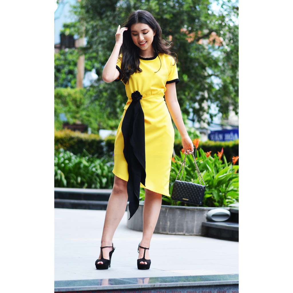 Đầm Pleated Neck Sleeve Black Band Yellow Dress HAVIAS