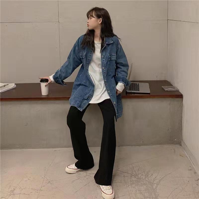 Đầm denim Tay Dài Dáng Rộng Chiết Eo Cổ Điển Thời Trang Xuân Thu Hàng Mới Dành Cho Nữ