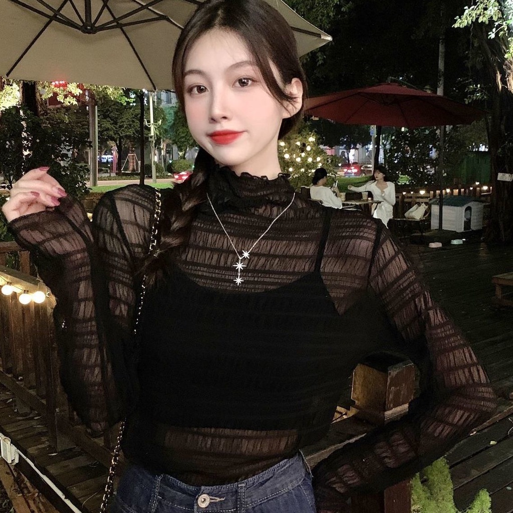 Áo thun tay dài cổ lọ phối ren thời trang xuân thu mới cho nữ 2021