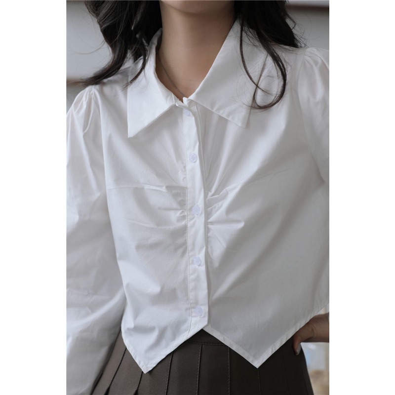 Áo sơ mi IELGY màu trắng tay phồng phong cách Pháp thời trang cho nữ