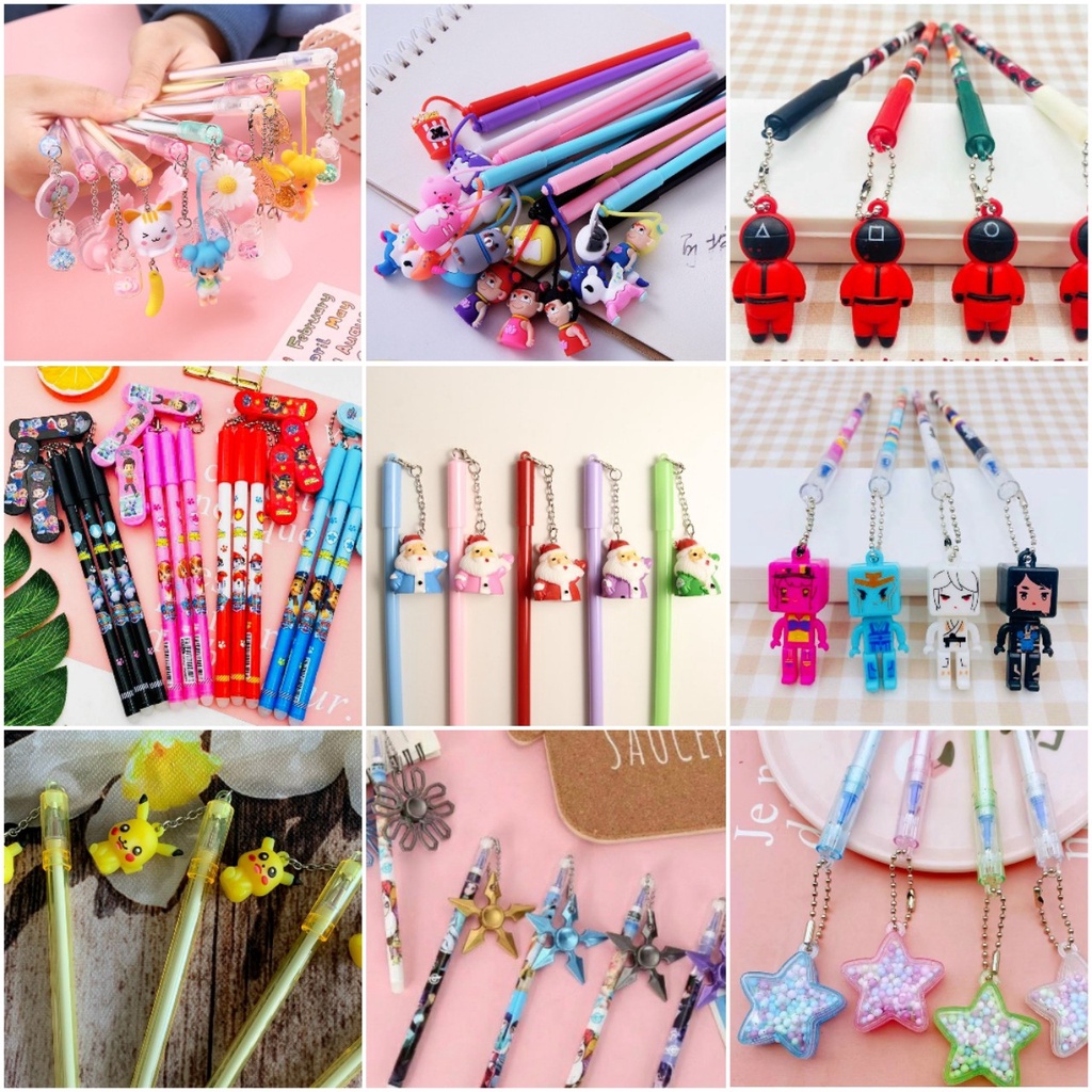 Set 12 Cây Bút Gel Bôi Xóa Được nắp bút có móc khóa tòn ten dễ thương