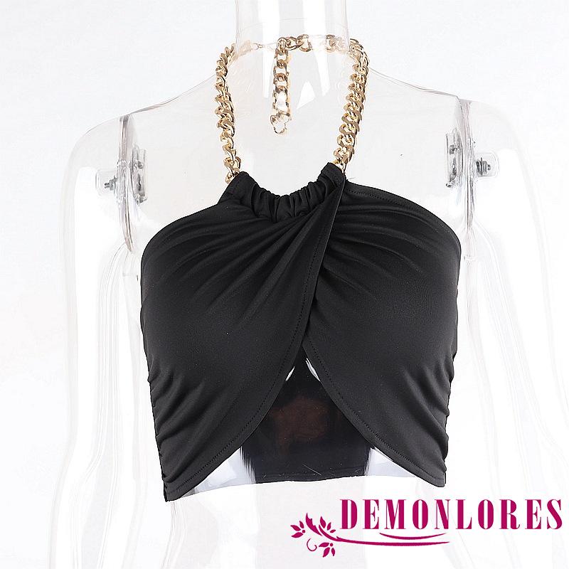 Áo Croptop Sát Nách Hở Lưng Phối Dây Xích Kim Loại Thời Trang Mùa Hè Cho Nữ