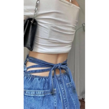 Quần jeans ống xuông rộng baggy lưng cao buộc dây bụng siêu hot - JJ0N