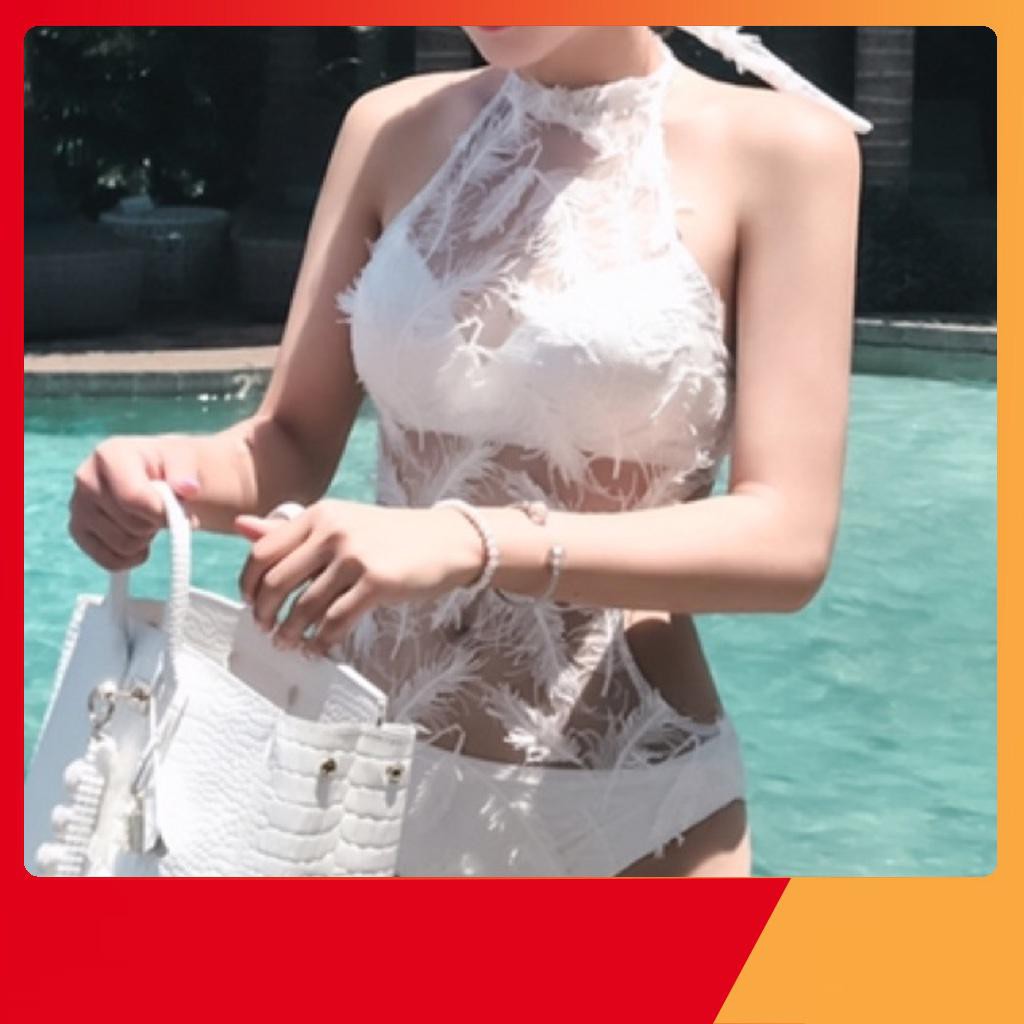 [Sale]Bikini bộ bơi nữ liền thân hoạ tiết lông chim