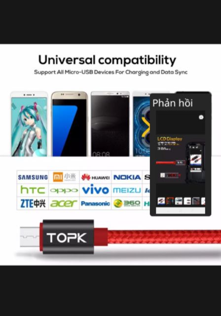 CÁP SẠC TOPK AC27 CÁP USB 1M Có Hiển Thị Dòng Sạc QC3.0