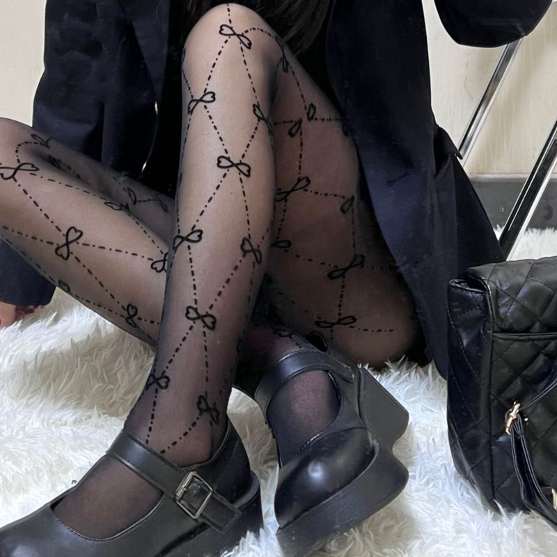Youyo Quần Tất Lolita Mỏng Xuyên Thấu Xuyên Thấu Họa Tiết Trái Tim Nơ Kim Cương Phong Cách Harajuku Preppy Ngọt