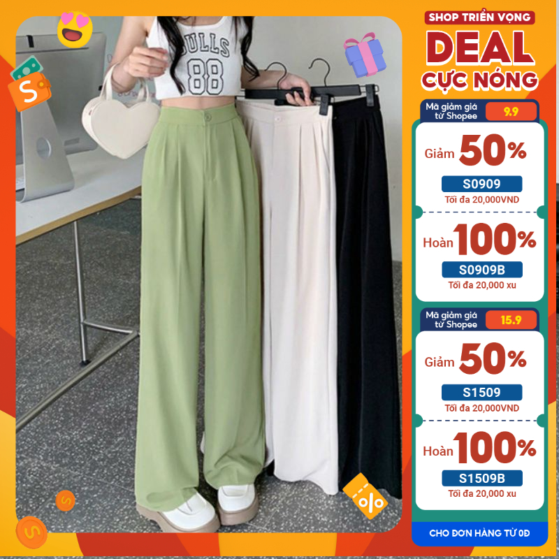Quần tây nữ ống rộng lưng thun có bốn màu trắng, đen, xanh mint, nâu