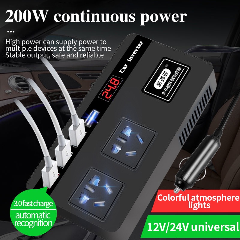 Tẩu Sạc Nhanh 200W DC12V/24V Sang 220V Bộ chuyển điện QC3.0 USB*4+Socket*2 Chuyên Dụng Cho Xe Hơi/Xe Tải/Xe Tải