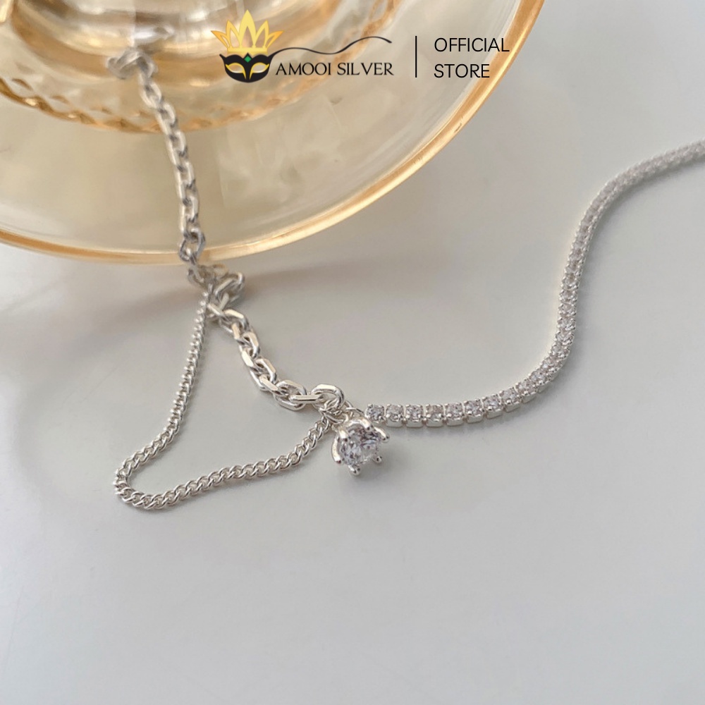 Lắc Tay Bạc S925 1 bên xích 1 bên nạm đá charm 6 chấu tòn ten - Amooi Silver AT118
