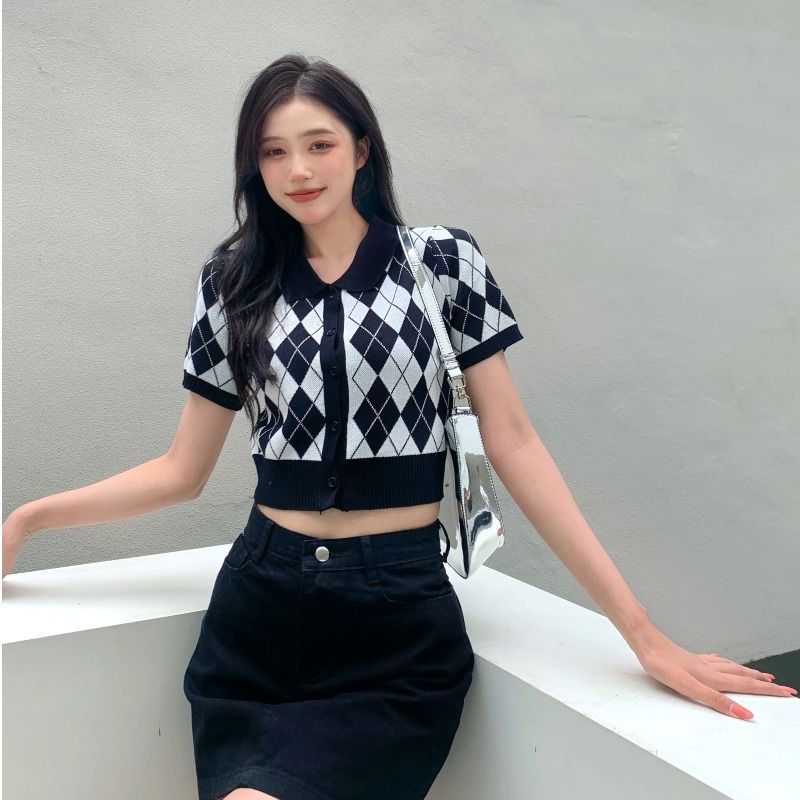 Áo Polo Tay Ngắn Họa Tiết Kim Cương 175285 Áo Dệt Kim Ngắn Phong Cách Retro Thời Trang Mùa Hè Dành Cho Nữ