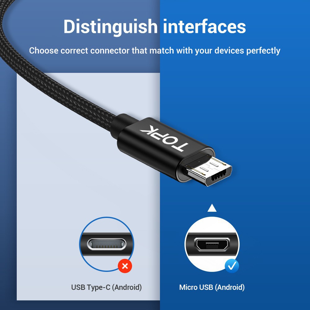 O Cáp sạc TOPK AN18 cổng Type-C và Micro USB cho Iphone Samsung Xiaomi Redmi Note 7 2.4A dài 1m 3 46