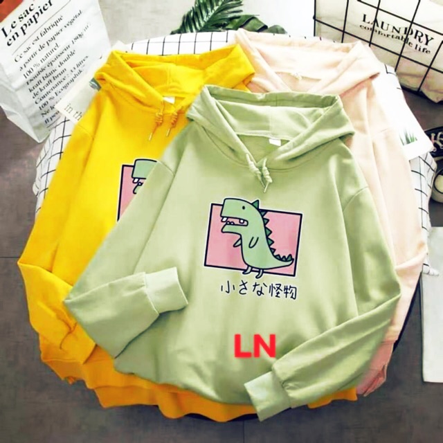Áo hoodie nỉ khủng long xanh chữ Nhật, áo hôdie mũ khung long