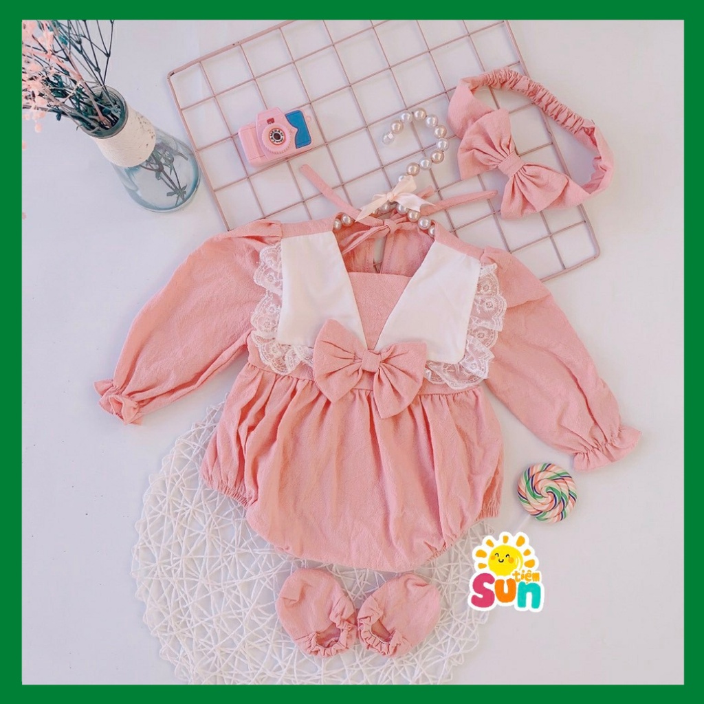 Có ảnh khách mặc, tặng turban và giày vải, body cho bé gái 4 đến 11kg, vải thô đũi mềm mát