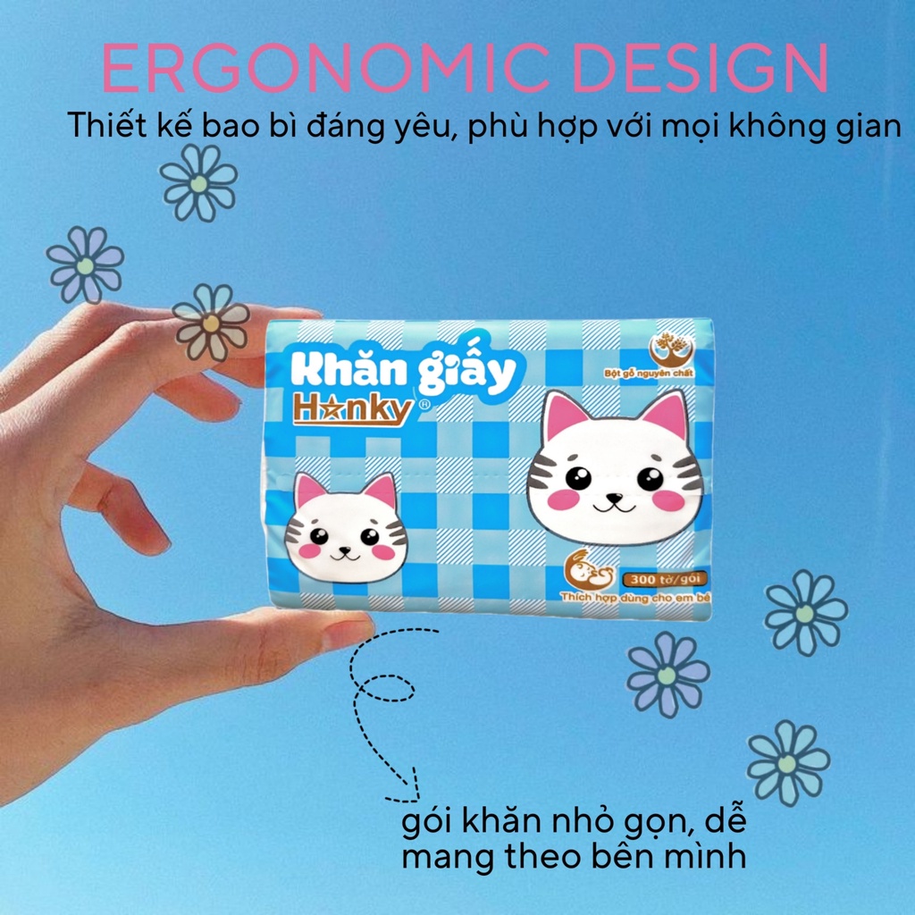 Thùng 30 gói giấy ăn con mèo trắng HANKY 300 tờ/4 lớp/gói siêu dai mềm an toàn cho da
