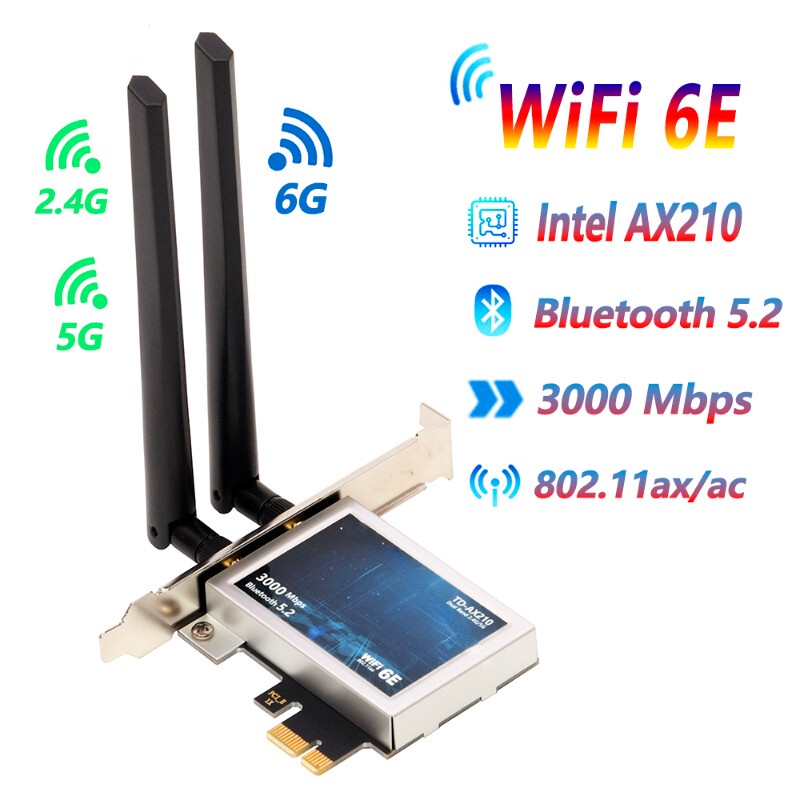 Thiết Bị Phát WiFi Không Dây Wi-Fi 6E Bluetooth 5.2 PCIe Intel AX210 3000Mbps 2.4G 5G 6G 802.11A Cho Máy Tính Để Bàn Windows 10