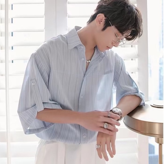 Áo Sơ Mi Tay Nam Ngắn Dáng Rộng Kẻ Sọc Thời Trang Hàn Quốc Trẻ Trung Cho fashion áo sơ mi unisex áo sơ mi nam form rộng