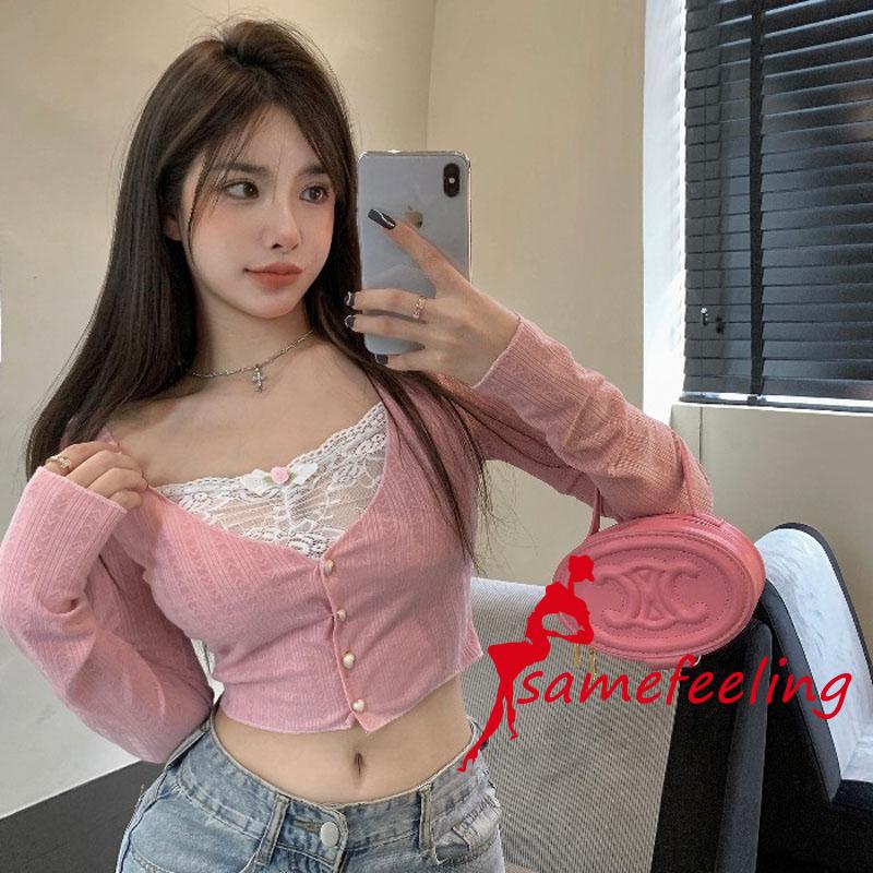 Sf Áo Khoác Cardigan Dệt Kim Phối Ren Giả Hai Mảnh Dáng Ôm Tay Dài Thời Trang Đường Phố Cho Bạn Gái