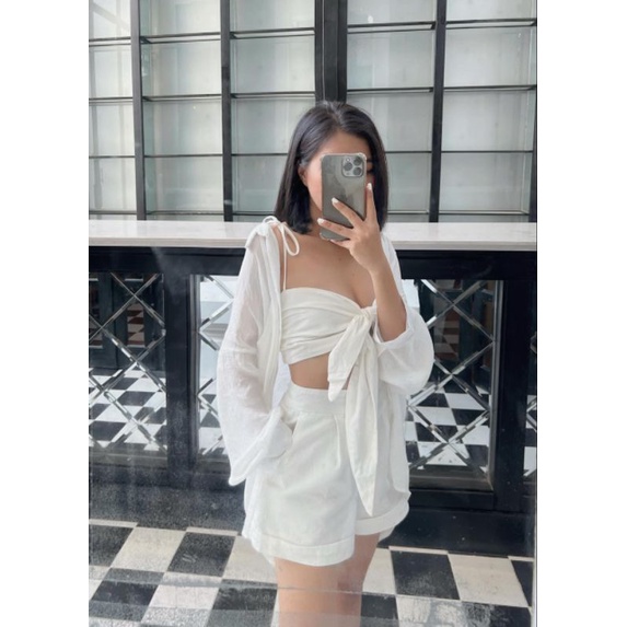 SET 3 món đi biển siêu xinh, set gồm quần đùi áo nơ kèm sơ mi ALOHASHOP91