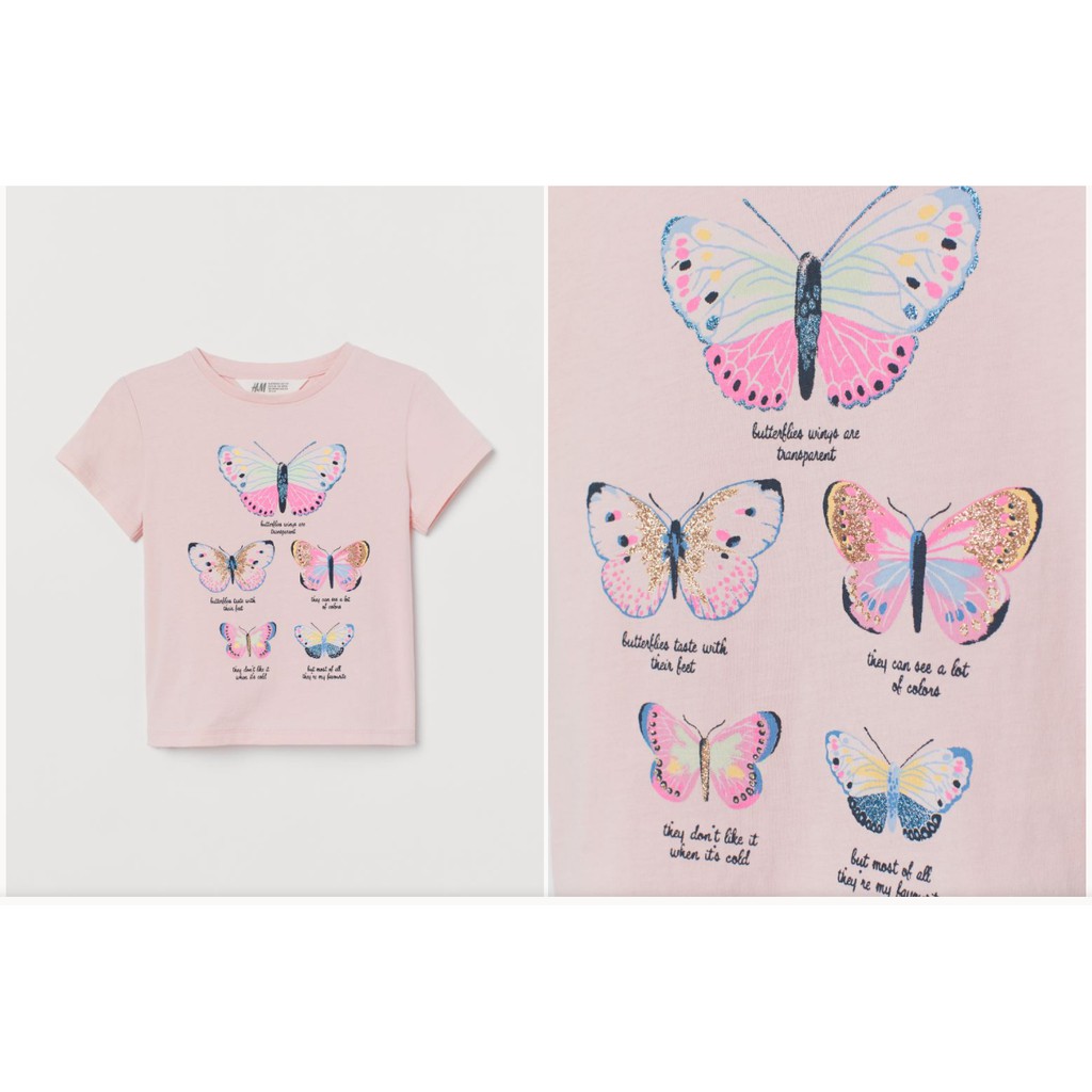Áo phông hồng butterflies HM H&amp;M sz 2-4, 4-6, 8-10y_hàng chính hãng authentic