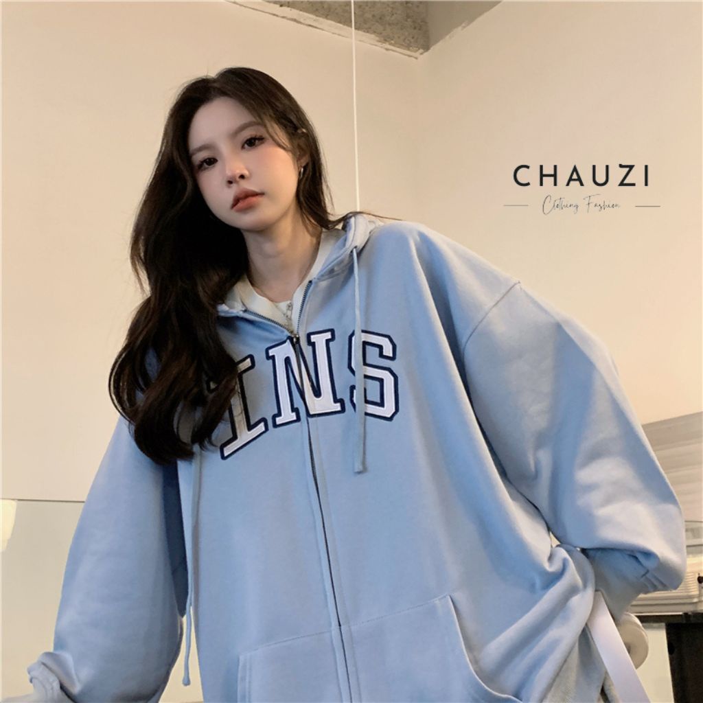 Áo Hoodie Nữ Dài Tay CHAUZI Áo Khoác Nữ Form Rộng Unisex Thêu INS Có Khóa Kéo Trước Ngực Tiện Lợi Kiểu Hàn Quốc AN341