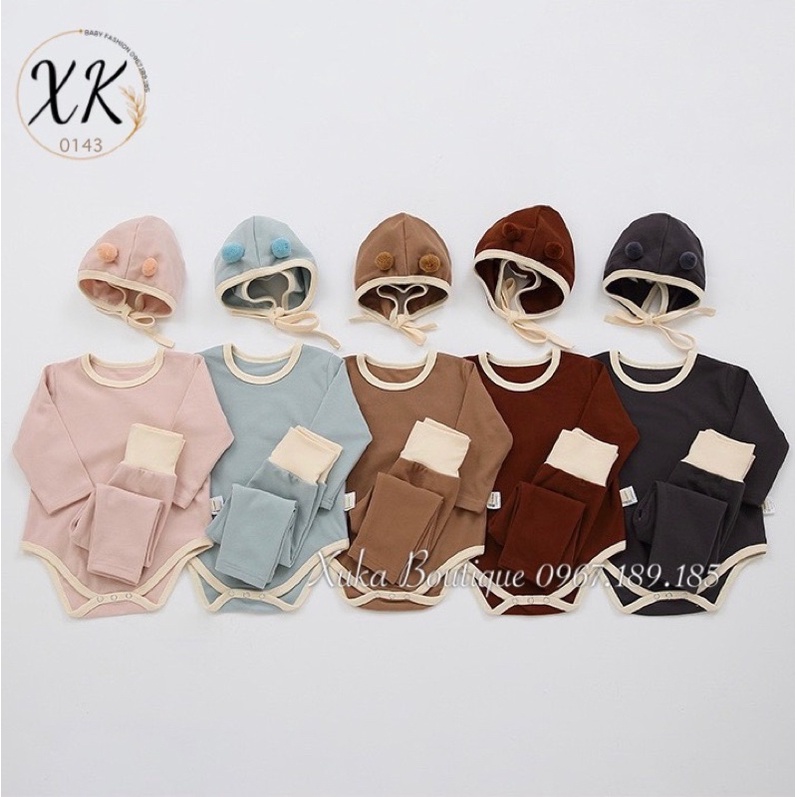 Set Bodysuit Dài Tay Kèm Mũ Cục Bông Cho Bé 0-3 Tuổi Style Nhật Bản Chất Cotton Cực Mềm Mại Mùa Thu Đông