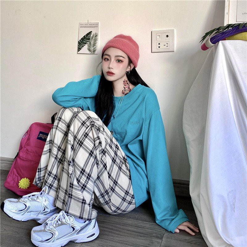 Quần Dài Nữ Caro Dáng Suông Ulzzang - Quần Ống Rộng Kẻ Caro Phối Màu Trẻ Trung Phong Cách QD011