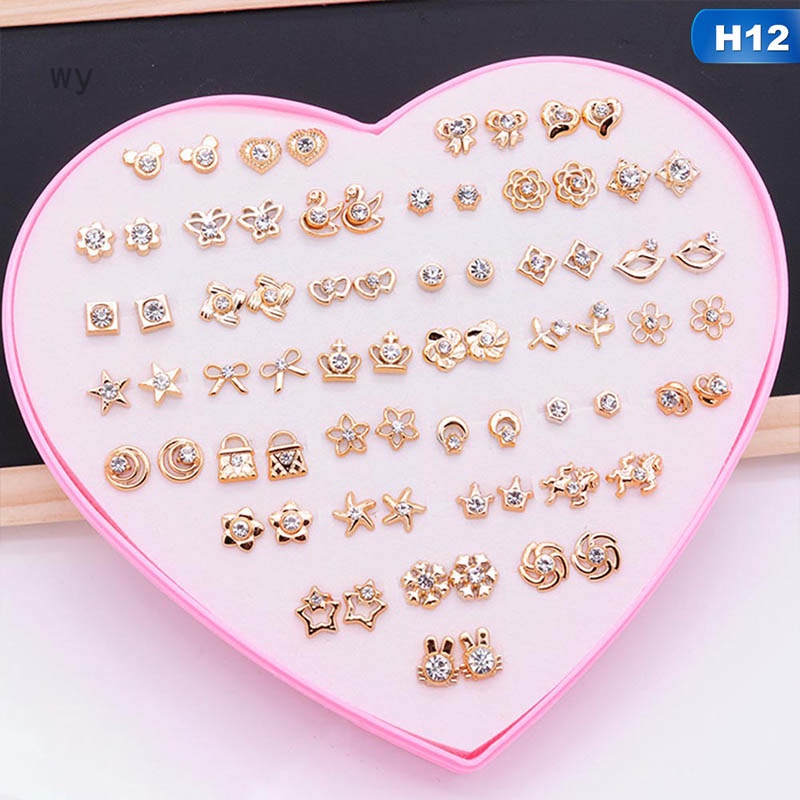 Set 36 đôi bông tai hình trái tim đính đá thời trang