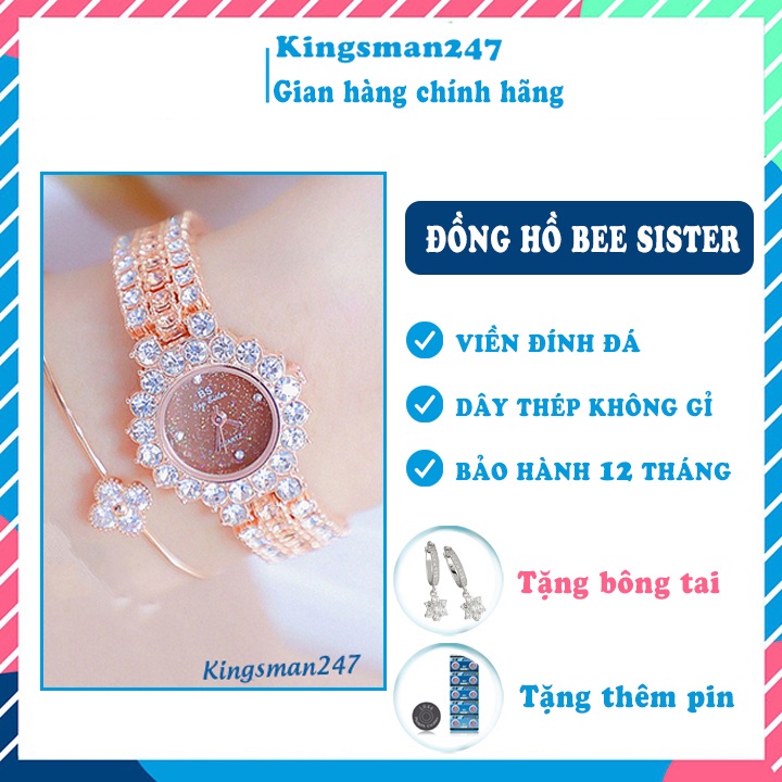 Đồng hồ nữ chính hãng Bee Sister đính đá đẹp cao cấp, mặt tròn nhỏ xinh xắn, thời trang hiện đại [Tặng bông tai]