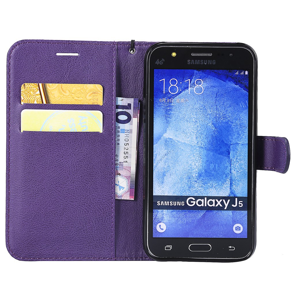 Bao da điện thoại nắp lật có ngăn đựng thẻ màu trơn cho Samsung J3 J5 J7 2016