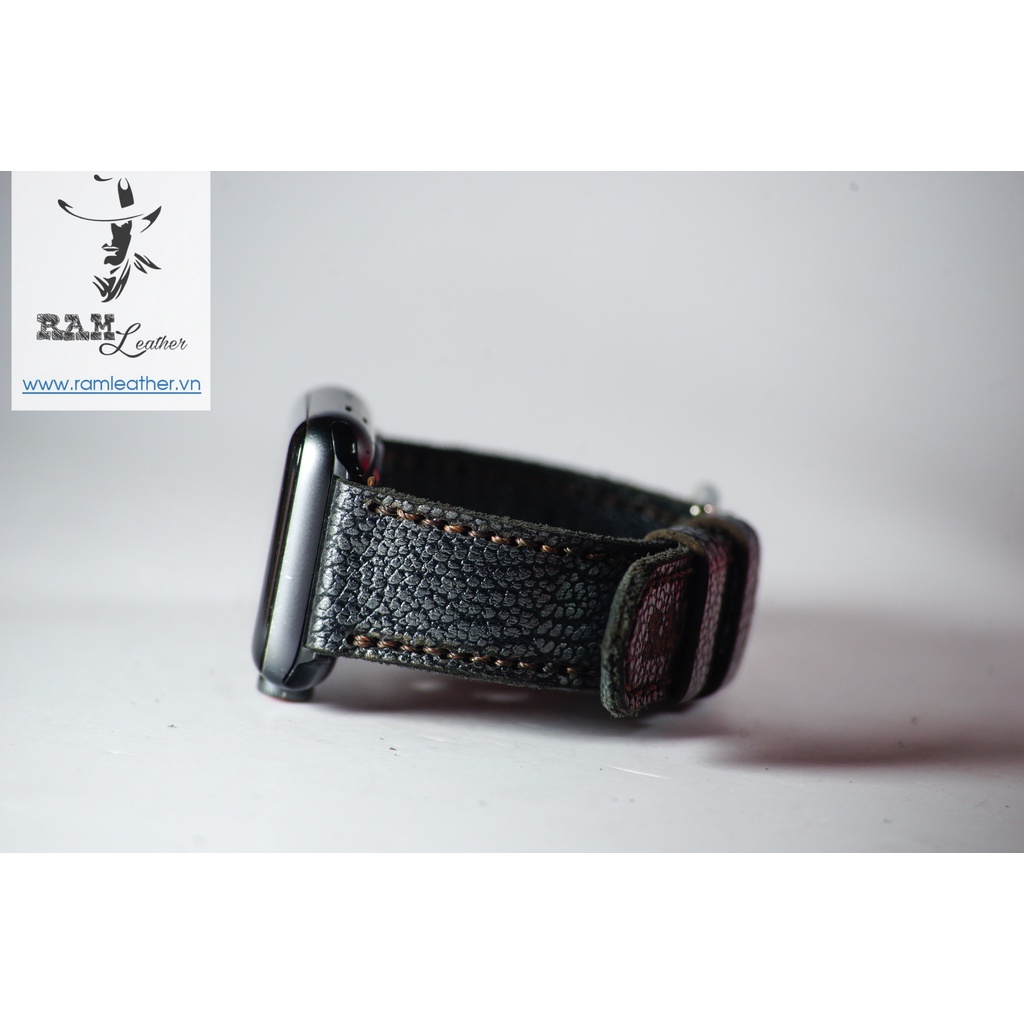 Dây Apple Watch , iWatch , iphone Watch da bò vân cá mập vintage RAM Leather classic 1956 đen thép