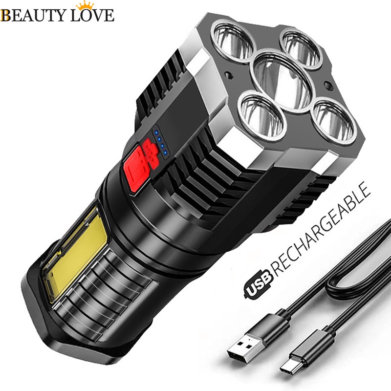 Đèn Pin Cầm Tay 5Led COB / 4 Chế Độ Sáng Cao Lumen Chống Nước Có Cổng Sạc USB Đa Ứng Dụng