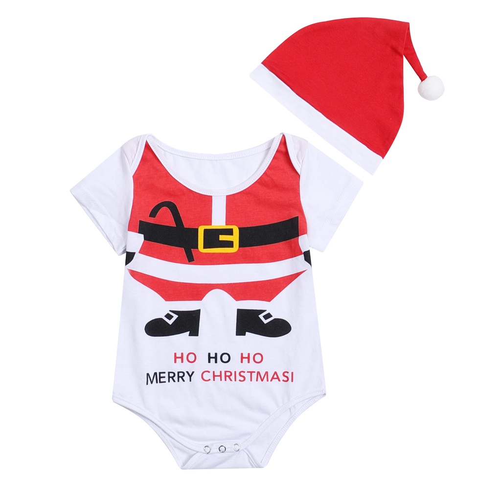 Set Đồ Giáng Sinh 2 Món Gồm Áo Liền Quần Tay Ngắn Cổ Tròn In Họa Tiết + Mũ Đính Bóng Lông Cho Bé Sơ Sinh