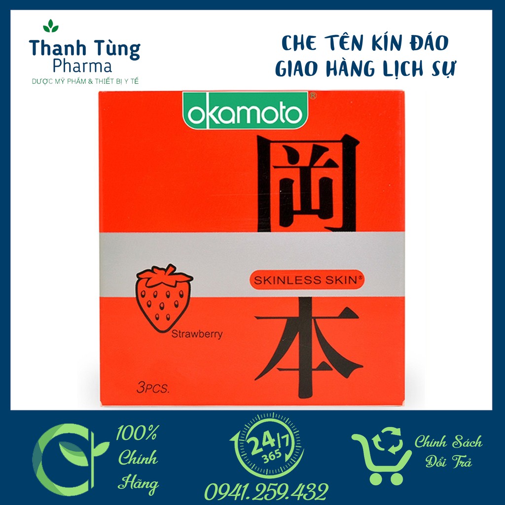 Okamoto Skinless Skin Strawberry ✅[CHE TÊN KÍN ĐÁO]✅⚜️CHÍNH HÃNG⚜️ Bao Cao Su Hương Dâu Siêu Mỏng Hộp 3 Cái