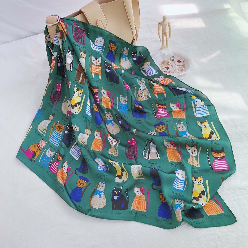Khăn Choàng Cổ Vuông In Họa Tiết Mèo Thời Trang Mùa Hè Cho Nữ