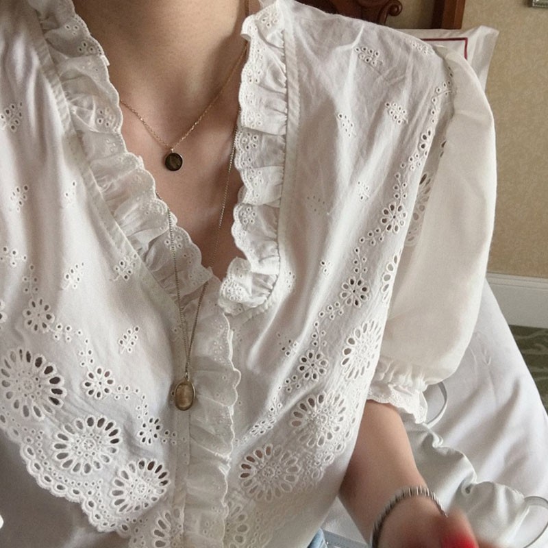 Korean Retro Women V-neck Ruffled Lace Bubble Sleeve Short Sleeve Shirt | BigBuy360 - bigbuy360.vn