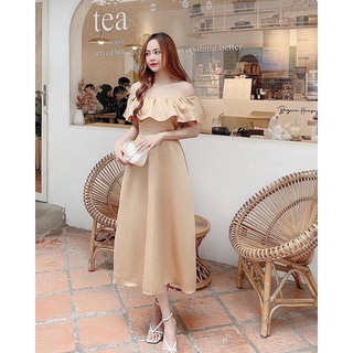 Đầm dự tiệc sang trọng đầm xoè tay bèo trễ trắng chibest dh030