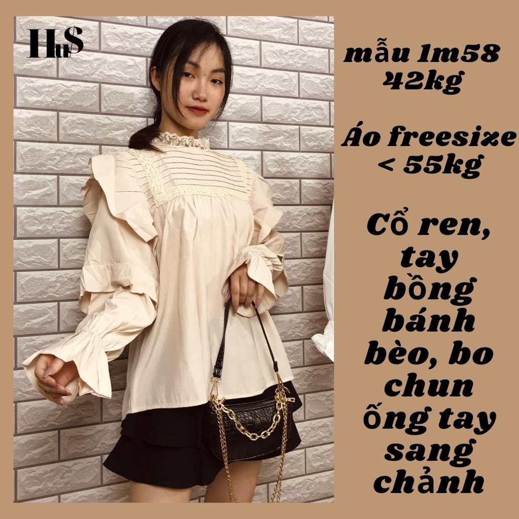 Áo sơ mi babydoll nữ công sở bánh bèo tay phồng phối cổ ren tiểu thư xinh xắn