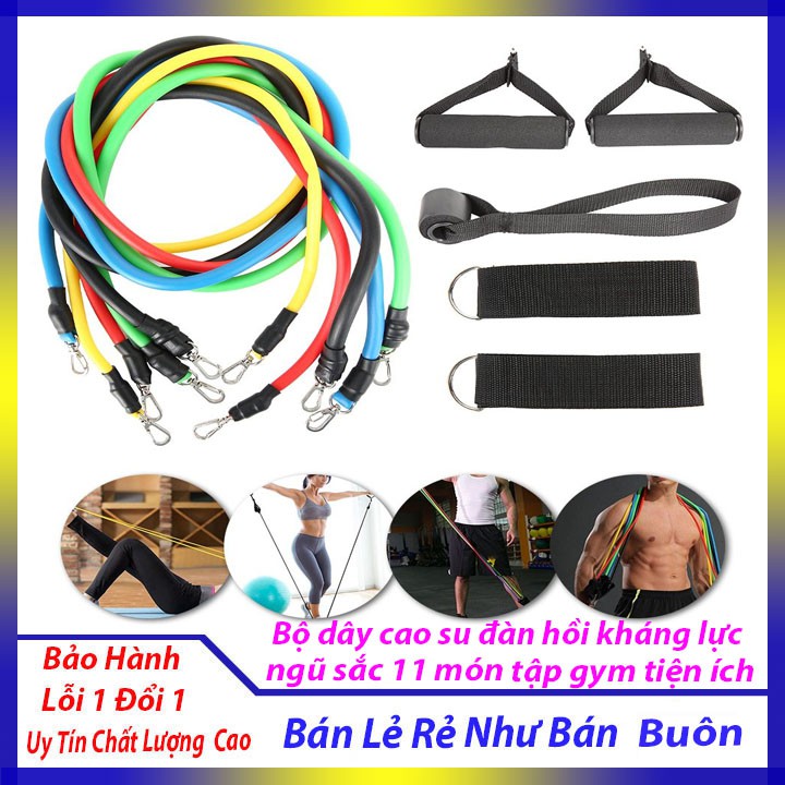 Dây tập gym đa năng 💥 SIÊU BỀN 💥 Bộ dây cao su đàn hồi kháng lực ngũ sắc 11 món tập gym tiện ích