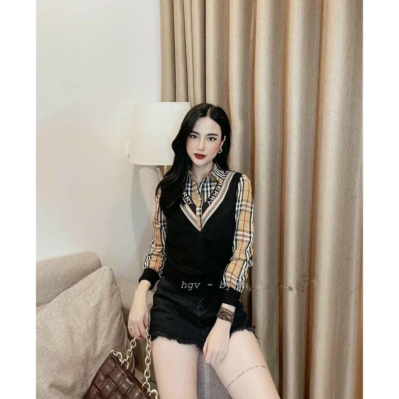 Áo gile nữ cổ V nỉ cotton kèm áo sơ mi trắng dài tay Siêu Hot