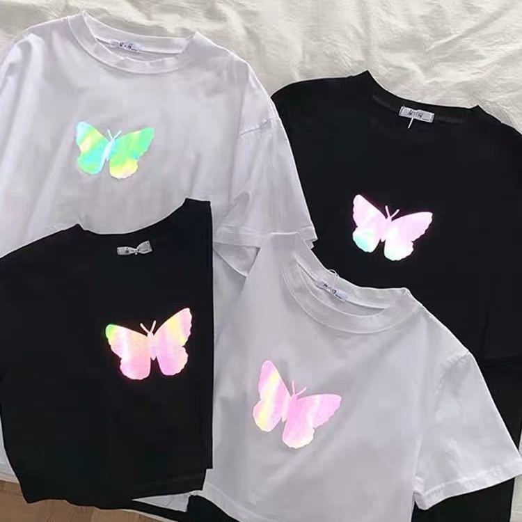 Áo Thun Tay Ngắn In Hình Bướm Phản Quang Cá Tính Cho Nữ
