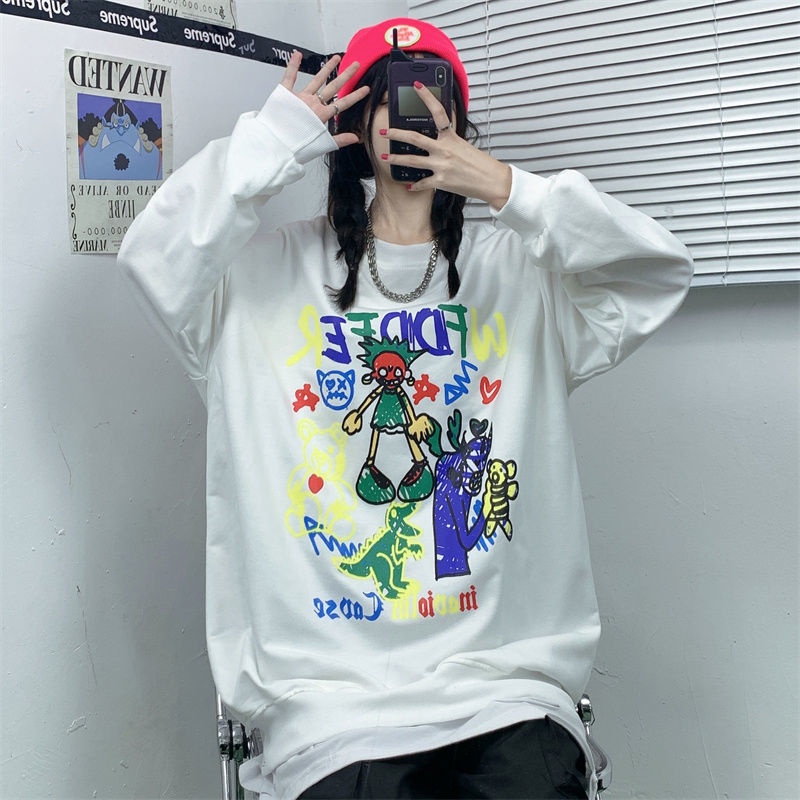 ZHELIHANGFEI Áo Sweater Tay Dài Dáng Rộng In Họa Tiết Trẻ Trung