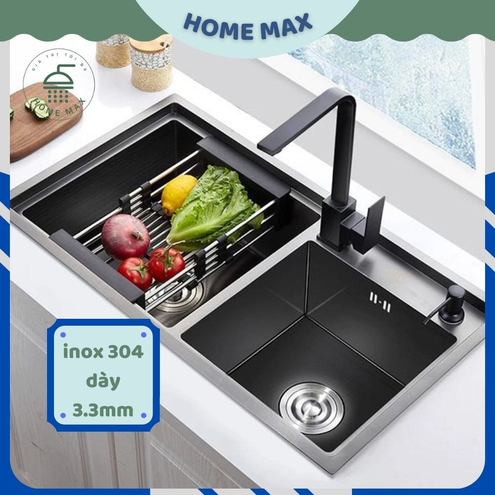 Chậu bồn rửa bát chén 2 hố inox 304 nano đen dày 3.3mm giật cấp hàng chính hãng bảo hành 24 tháng .