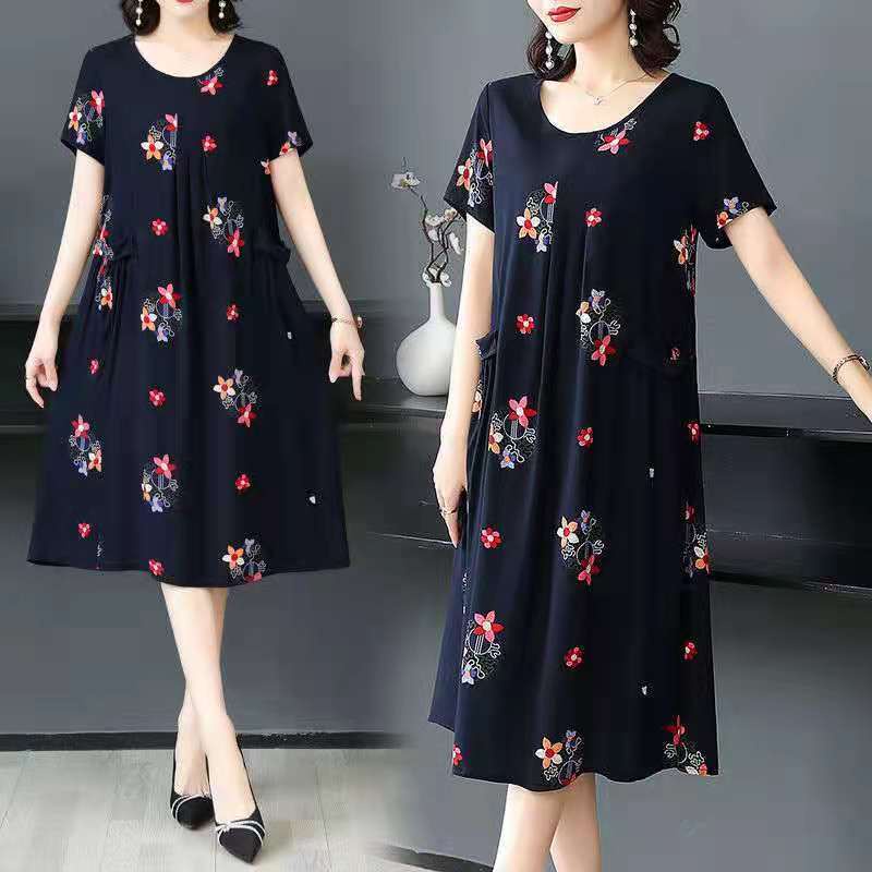 Thời trang cỡ lớn của phụ nữ váy phụ nữ trung niên và người già váy ngắn tay hoa mùa hè váy trung dài của phụ nữ thủy tr