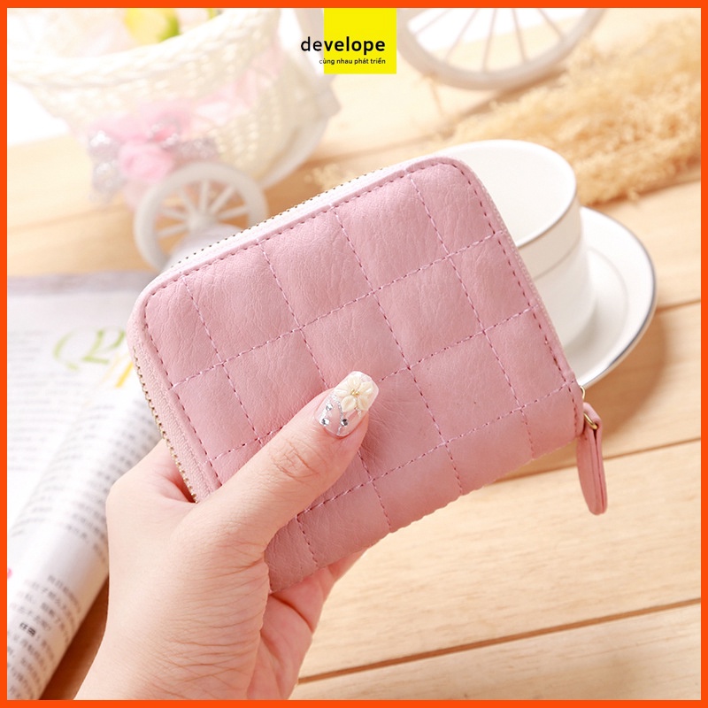 Ví nữ  DEVELOPE đựng thẻ / xu họa tiết da PU KIỂU CARO  nhỏ gọn