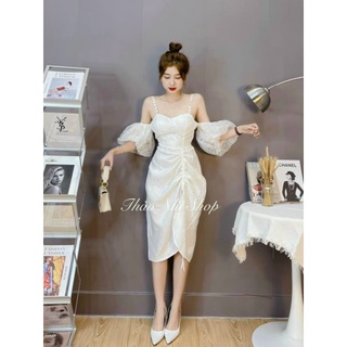 Đầm trắng hoa nổi 2 dây rớt tay phồng nhún rút hông
